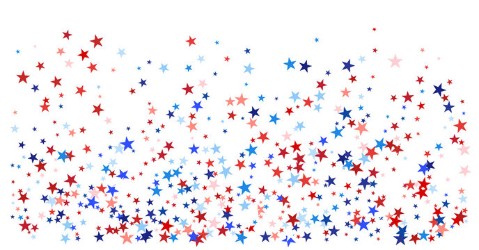 USA, UK, Australia State Symbols and Flag Coloured Star Confetti. 4th of July, Independence, Labor Day, Memorial Day Patriotic Pattern. American Flag, Impeach Red, Blue, White Stars Confetti Pattern