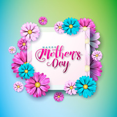 Happy Mothers Day Greeting card with flower on pink background. Vector Celebration Illustration template with typographic design for banner, flyer, invitation, brochure, poster.