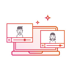 Video on laptop or background background. Videoblogers. The guy and the girl leading. Gradient line vector illustration isolated on white background.