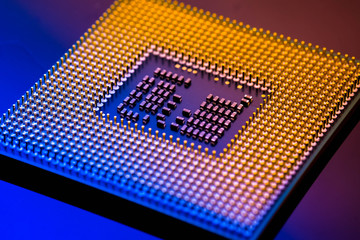 technology cyber electronic concept. cpu ram computer on blue light background