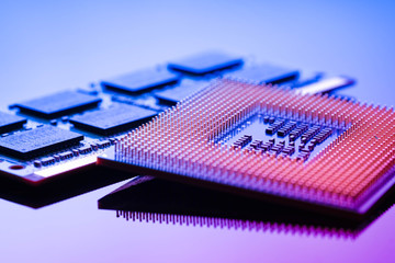 technology cyber electronic concept. cpu ram computer on blue light background