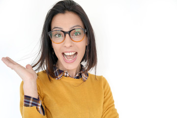 Cheerful brunette girl with eyeglasses, isolated