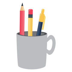 Cup holder with pencil and writing tools over white background, colorful design. vector illustration