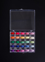 Bobbins with colorful threads in storage box