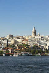 Obraz premium Galata Tower view from Marmara Sea. İstanbul Beyoğlu Galata Tower. Galata Tower. Istanbul Panorama. 