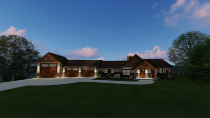 Fototapeta na wymiar 3D Illustration of a Hillside Lake House