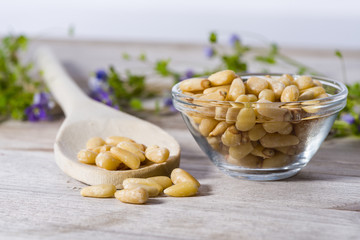 Group of pine nuts in cooking environment