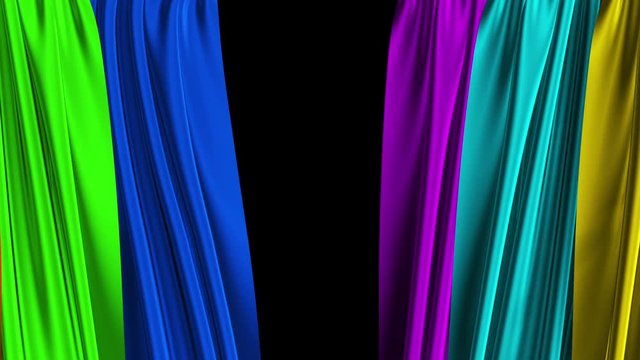 Multicolor Curtains Opening. Alpha Channel. 3D Animation. 4K. Ultra High Definition. 3840x2160.
