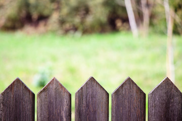 wood fence barrier in front of green nature background