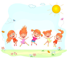 Naklejka premium Joyful and happy children jumping on the grass. Little girls are jumping on a summer sunny lawn