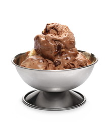 Chocolate, vanilla and caramel ice cream in metal bowl isolated on white background