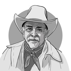 Classic old western style cowboy with hat and bandana. Cartoon sketch style.