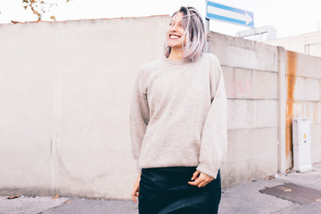 Young beautiful caucasian purple grey hair woman outdoor in the city having fun - happiness,...
