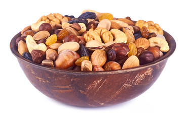 Fototapeta na wymiar mix nuts on wood plate on white background