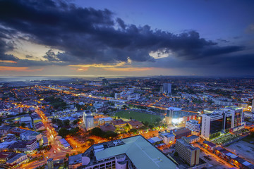Aerial view of Malacca city during sunrise.