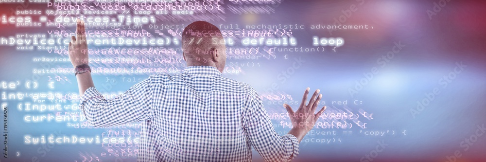 Poster composite image of man pretending to touch an invisible screen