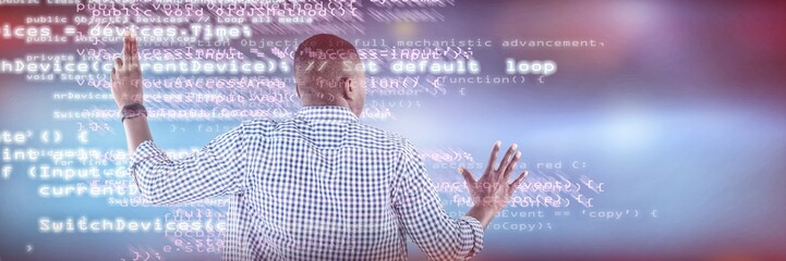 Composite image of man pretending to touch an invisible screen