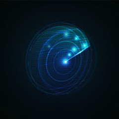 3d hud radar scanning the space . Military searching system blip . Navy radar with targets on screen . Technology background . Vector illustration .