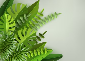 Tropical leaves and plants. Green abstract background with tropical foliage. Vector illustration
