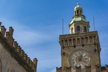Clock Tower on Palazzo Comunale in Bologna. Italy