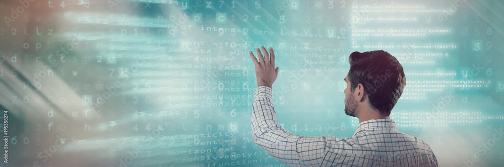 Poster composite image of man pretending to touch an invisible screen