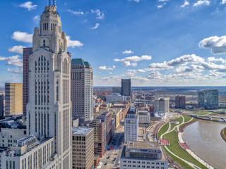 LeVeque Tower Downtown Columbus Scioto River - obrazy, fototapety, plakaty