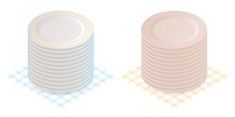 Flat isometric illustration of pile of porcelain plates. Household dishware isolated on white background. Cooking domestic kitchenware, tableware, utensils vector concept: stacked empty ceramic dishes