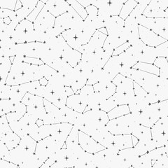 Hand drawn vector seamless pattern with zodiac constellations on the starry background. Space backdrop in sketch style. - 195360060