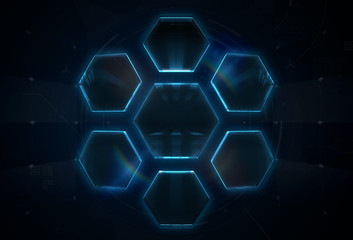 Blue buttons in hexagon format on a abstract dark background. 3d render