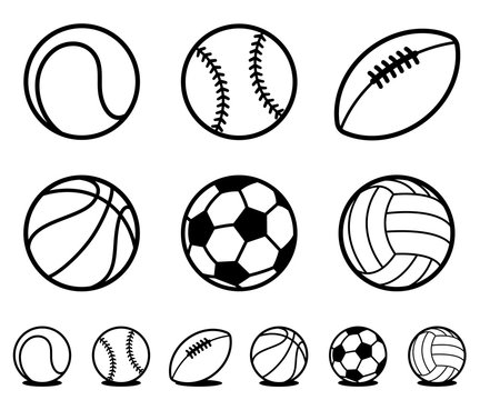 Set of black and white cartoon sports ball icons