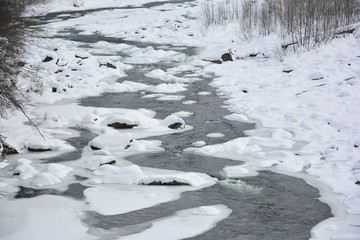 Frozen fast mountain river in winter. Spring melting of ice, springtime thaw.
