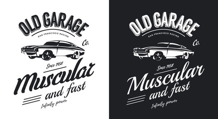 Fototapeta premium Vintage muscle car black and white isolated vector logo. Premium quality old sport vehicle logotype t-shirt emblem illustration. 