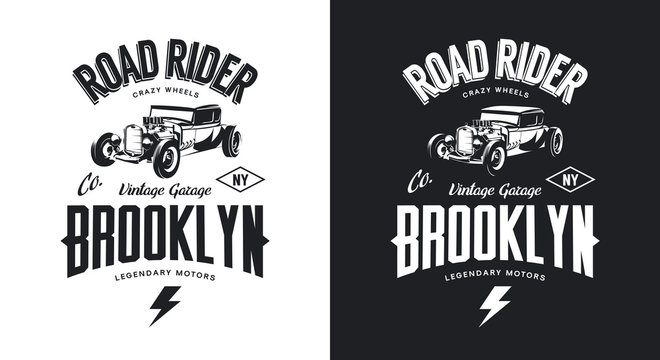 Vintage hot rod black and white tee-shirt isolated vector logo. 
Premium quality old sport car logotype t-shirt emblem illustration. Brooklyn, New York street wear hipster retro tee print design.