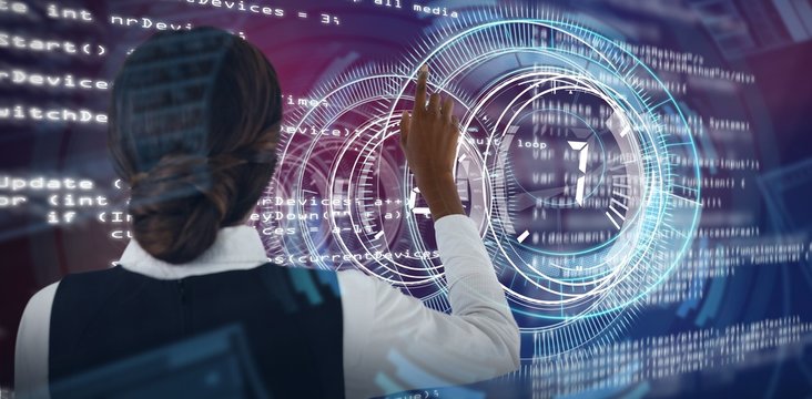 Composite image of rear view of businesswoman touching invisible