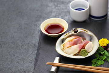 hokkigai (sakhalin surf clam) sashimi, japanese cuisine