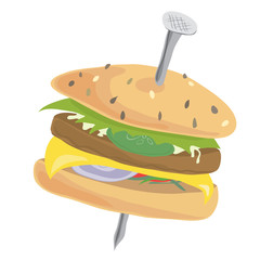 Cheeseburger with high iron content/ Vector round bread rolls with meat cutlet and greens pierced through a nail on a white background