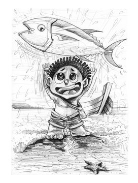 Fisherman with Tuna fish Omeca 3 pencil stroke drawn