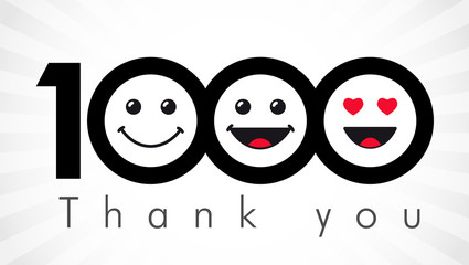 Thank you 1000 followers numbers. Congratulating black and white thanks, image for net friends in 3 three colors, customers likes, % percent off discount. Round isolated emoji smiling people faces. - obrazy, fototapety, plakaty