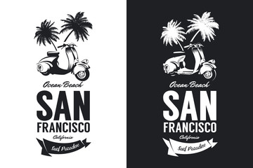 Vintage moped bikers club black and white isolated vector t-shirt logo.
Premium quality scooter logotype tee-shirt emblem illustration. 