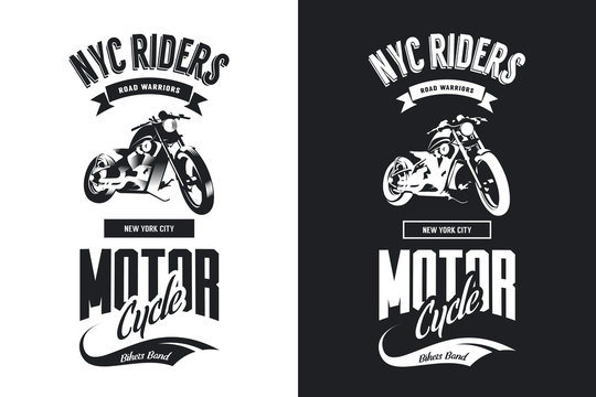 Vintage bikers club black and white isolated vector t-shirt logo.
Premium quality motorcycle logotype tee-shirt emblem illustration. 