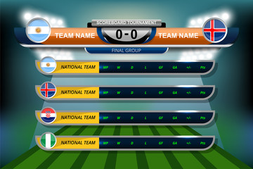 Vector Illustration Graphic of Scoreboard Broadcast and Lower Thirds Template with group table for soccer world tournament championship