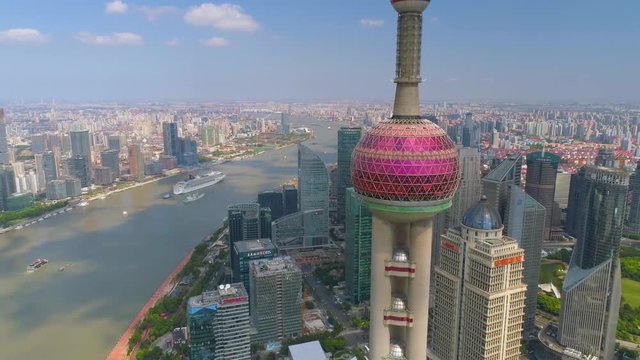 SHANGHAI, CHINA - MAY5 2017: Aerial view video, business skycreapers skyline Huangpu river, Pearl