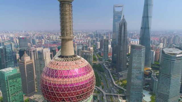 SHANGHAI, CHINA - MAY5 2017: Aerial view video, business skycreapers skyline Huangpu river, Pearl