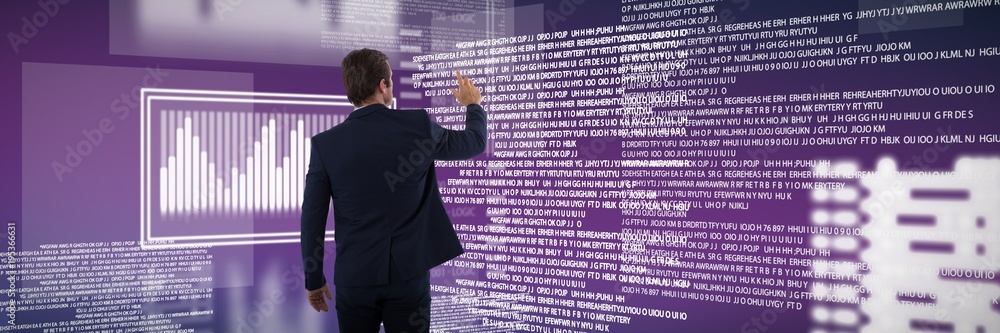 Poster composite image of businessman pressing an invisible virtual