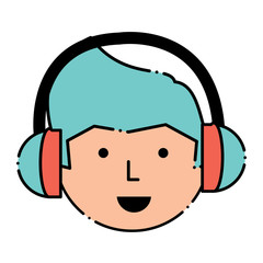 Cartoon man face with headphones over white background, colorful design. vector illustration