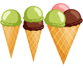 Colorful ice cream cone 1 2 3 balls set.