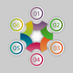 Vector infographic design template. Business concept with 6 options, parts, steps or processes. Can be used for workflow layout, diagram, number options, web design. Data visualization.