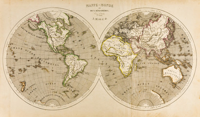 Antique World Map in Two Hemispheres, Retro, 19th Century