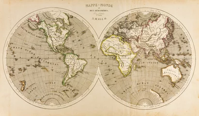 Poster Antieke wereldkaart in twee hemisferen, retro, 19e eeuw © XaMaps