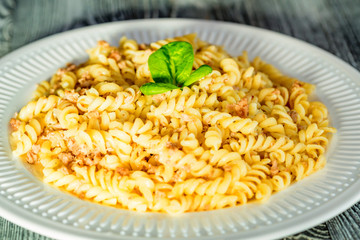 Traditional Italian pasta or fussili with mince